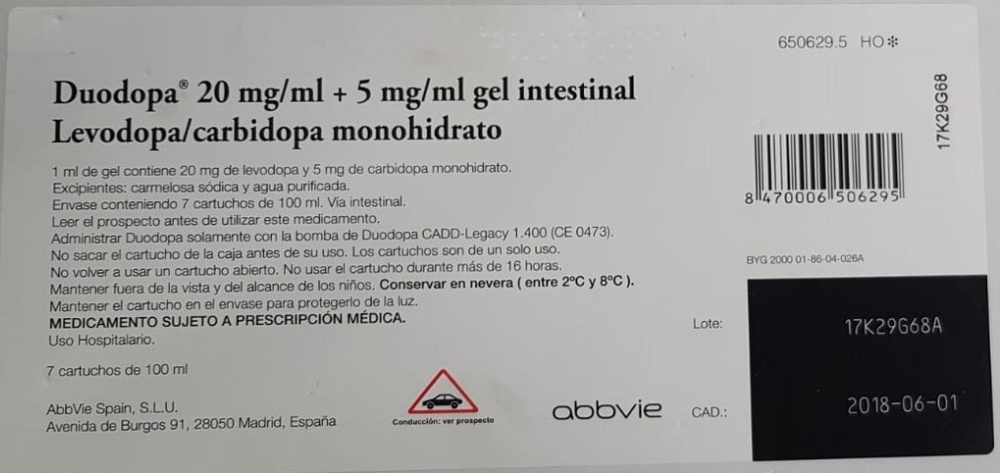 DUODOPA 20 mg/ml + 5 mg/ml GEL INTESTINAL