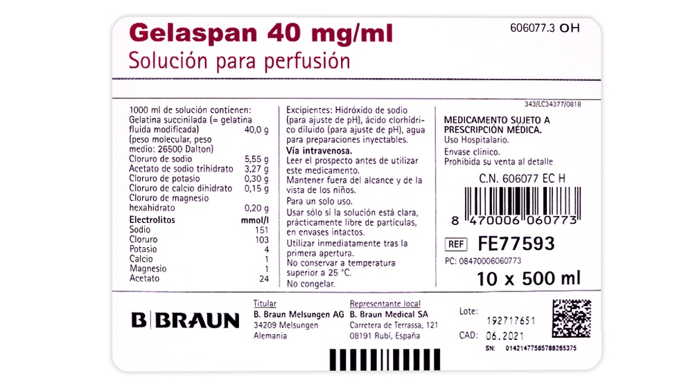 GELASPAN 40 mg/ml SOLUÇÃO PARA PERFUSÃO