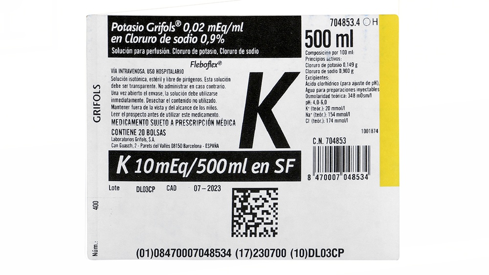 POTÁSSIO GRIFOLS 0,02 mEq/mL em SOLUÇÃO DE CLORETO DE SÓDIO 0,9% PARA PERFUSÃO