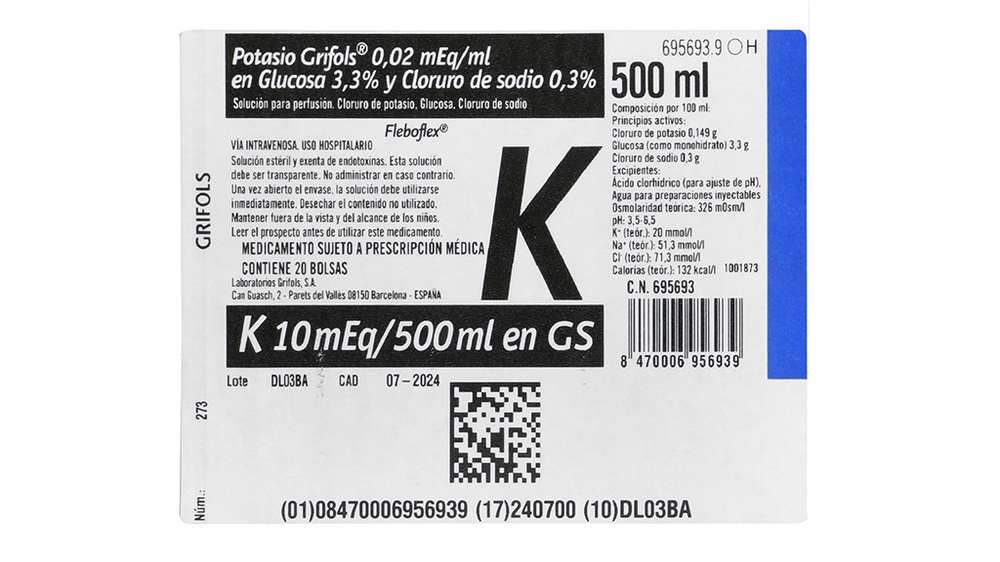 POTÁSSIO GRIFOLS 0,02 mEq/ml EM GLUCOSE 3,3% E CLORETO DE SÓDIO 0,3% SOLUÇÃO PARA PERFUSÃO