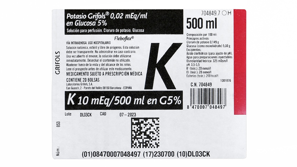 POTÁSSIO GRIFOLS 0,02 mEq/ml EM SOLUÇÃO DE GLUCOSE 5% PARA PERFUSÃO