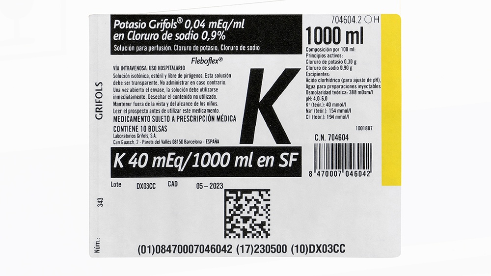 POTÁSSIO GRIFOLS 0,04 mEq/mL em SOLUÇÃO DE CLORETO DE SÓDIO 0,9% PARA PERFUSÃO