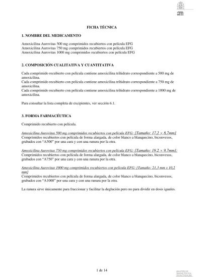 AMOXICILINA Aurovitas 1000 mg COMPRIMIDOS REVESTIDOS POR PELÍCULA