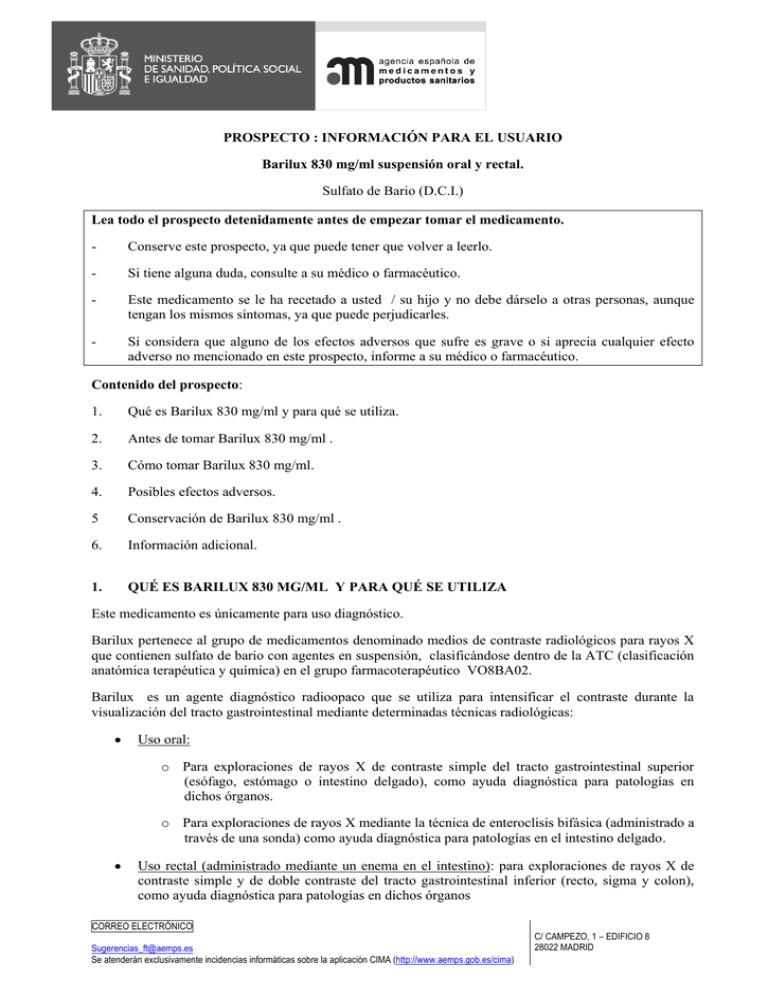 BARILUX 830 mg/ml SUSPENSÃO ORAL E RETAL
