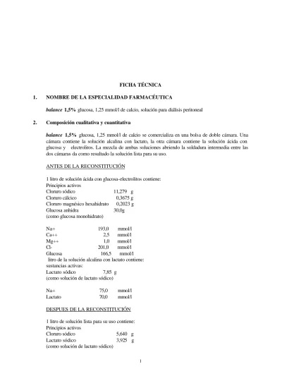 BICAVERA GLUCOSA 1,5%, CÁLCIO 1,25 mmol/L SOLUÇÃO PARA DIÁLISE PERITONEAL