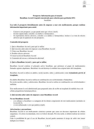 BUSULFANO ACCORD 6 mg/ml CONCENTRADO PARA SOLUÇÃO PARA PERFUSÃO