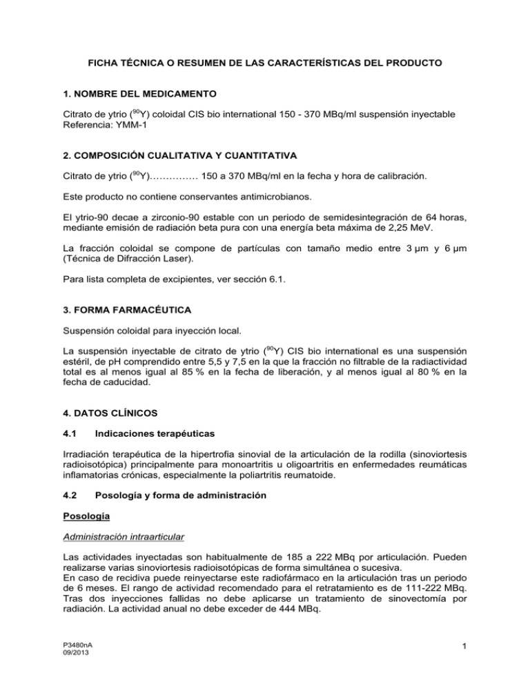Citrato de Ítrio (90 Y) Coloidal CIS BIO INTERNATIONAL 37-370 MBq/ml Suspensão Injetável