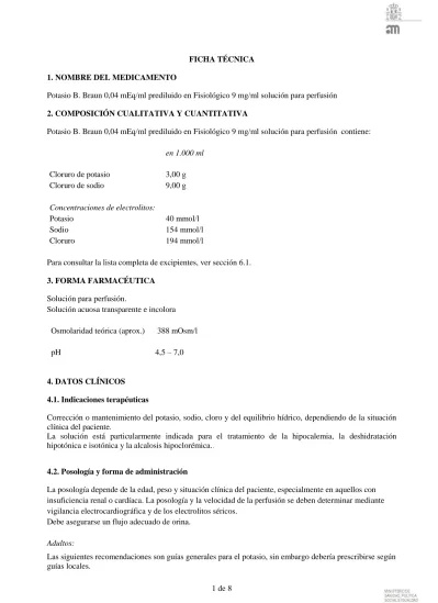 POTÁSSIO B.BRAUN 0,04 mEq/ml Prediluído em Solução de Cloreto de Sódio 0,9% para Perfusão