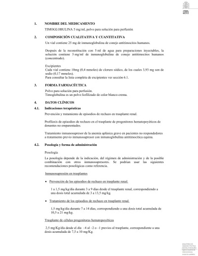 TIMOGLOBULINA 5mg/ml PÓ PARA SOLUÇÃO PARA PERFUSÃO