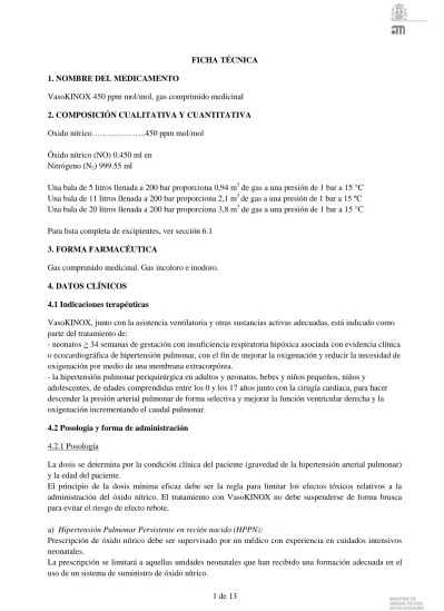 VASOKINOX 800 PPM GÁS MEDICINAL COMPRIMIDO